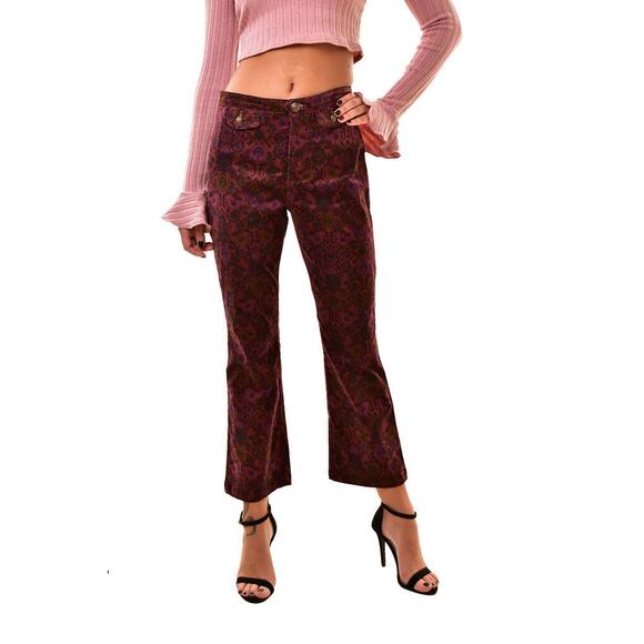 Free People Corduroy Printed Jeans 6 Tailored Cropped Flared Pocket Cotton Blend - Picture 1 of 11